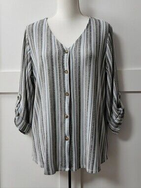 Always Indigo Women's Blue & White Striped Button-Front Shirt